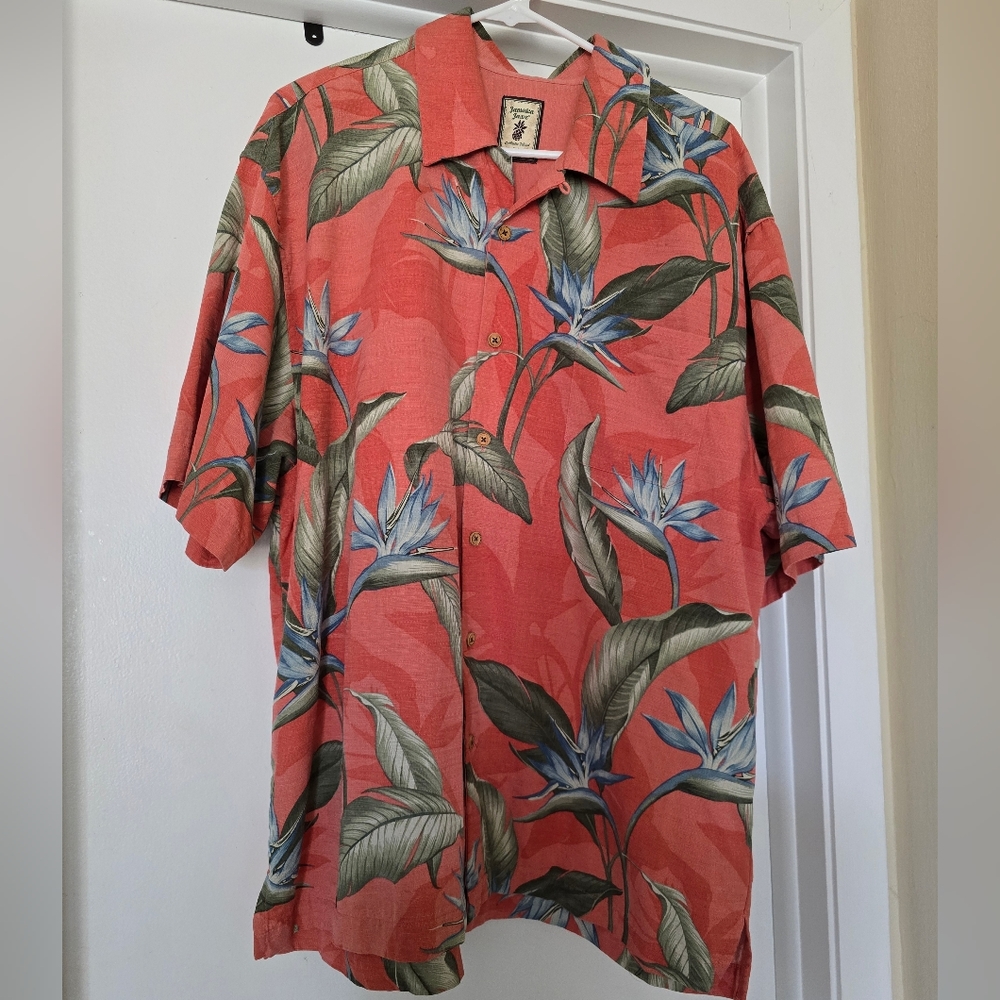 Jamaica Jaxx 100% Silk Orange and Green Casual Button Down Shirt